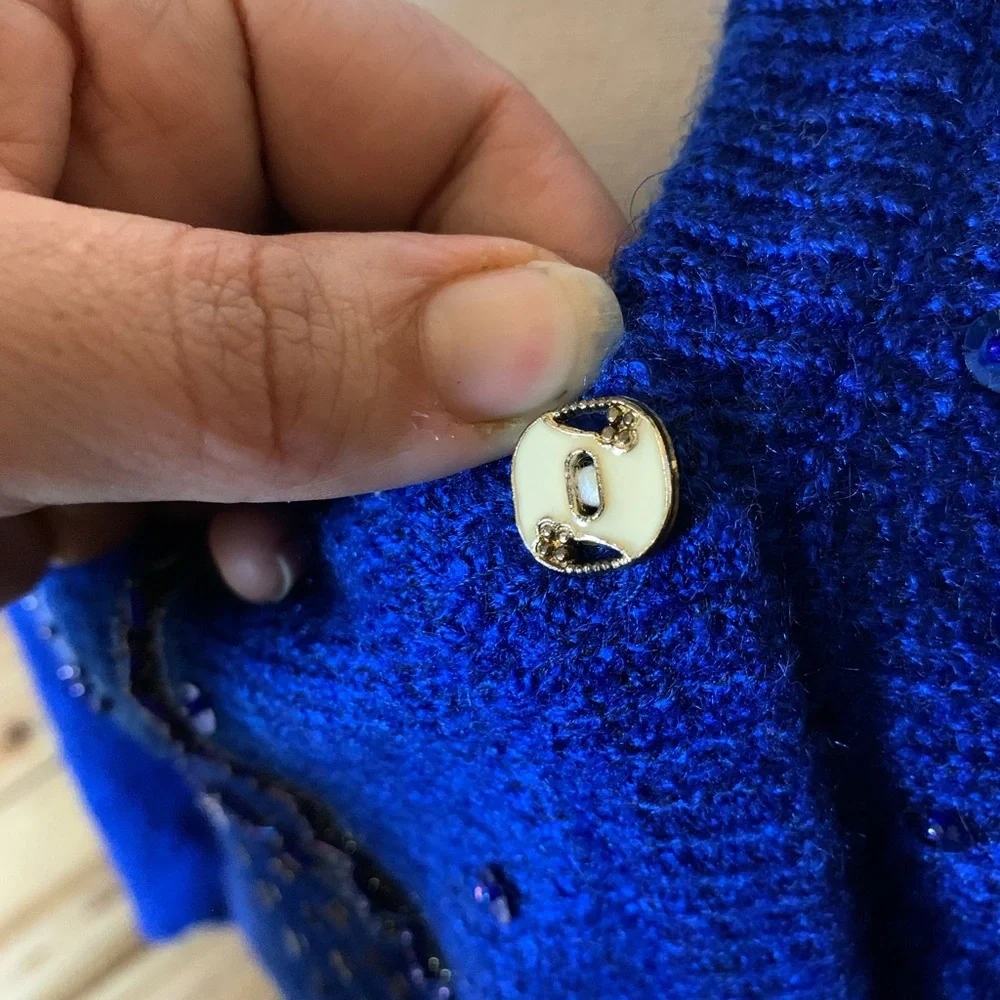 Vintage‎ Embroidered Beads Faux Leather Blue Floral Women's Cardigan Sweater - Picture 6 of 10